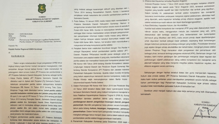 Foto: Dokumen permohonan pertimbangan legalitas pansel JPT sekda oleh DPRD Komisi 1 Darul Hasyim Fath