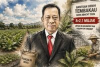 Kepala DKPP Sumenep, Chainur Rasyid, diilustrasikan dengan latar hamparan tembakau sebagai simbol komitmen pemerintah daerah dalam memperkuat sektor pertanian melalui program bantuan benih tembakau DBHCHT 2026.
