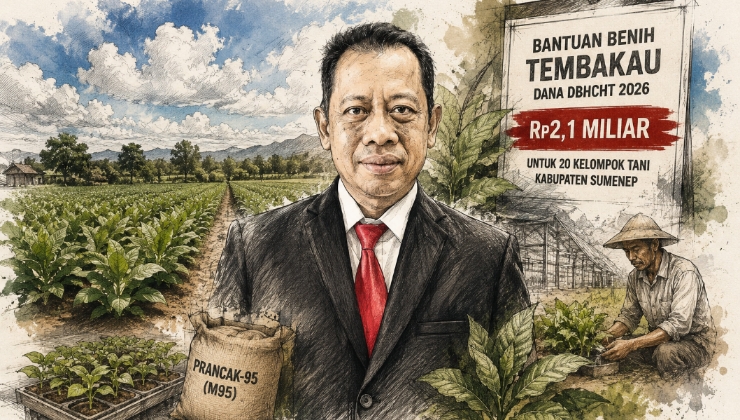 Kepala DKPP Sumenep, Chainur Rasyid, diilustrasikan dengan latar hamparan tembakau sebagai simbol komitmen pemerintah daerah dalam memperkuat sektor pertanian melalui program bantuan benih tembakau DBHCHT 2026.