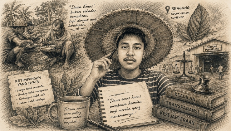 Sketsa editorial Petani menanam harapan, sementara keadilan masih menjadi pekerjaan rumah dalam tata niaga tembakau di Sumenep.