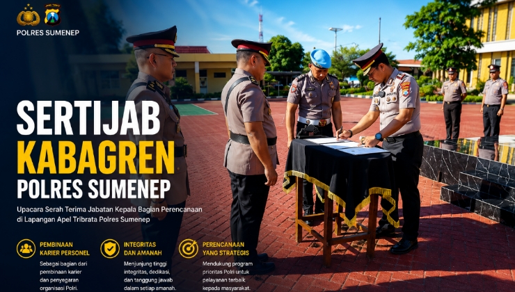 Prosesi penandatanganan berita acara serah terima jabatan Kabagren Polres Sumenep dalam upacara Sertijab yang dipimpin Kapolres AKBP Anang Hardiyanto di Lapangan Apel Tribrata Polres Sumenep, Senin (29/6/2026).