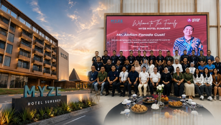 Suasana penyambutan General Manager baru MYZE Hotel Sumenep, Akfian Farado Gusti, yang dipimpin Direktur Operasional Hasyim bersama jajaran manajemen dan ARTOTEL Group sebagai langkah memperkuat inovasi serta pelayanan kepada tamu.