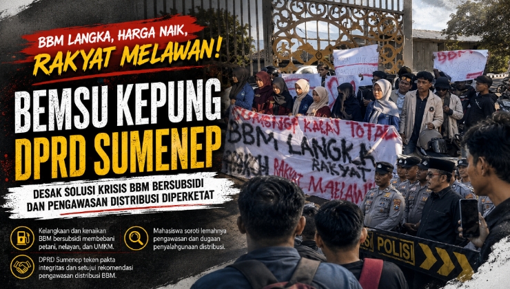 Aliansi Badan Eksekutif Mahasiswa Sumenep (BEMSU) menggelar aksi unjuk rasa di depan Kantor DPRD Sumenep menuntut penyelesaian kelangkaan BBM bersubsidi, pengawasan distribusi, serta penindakan terhadap dugaan penyalahgunaan BBM.