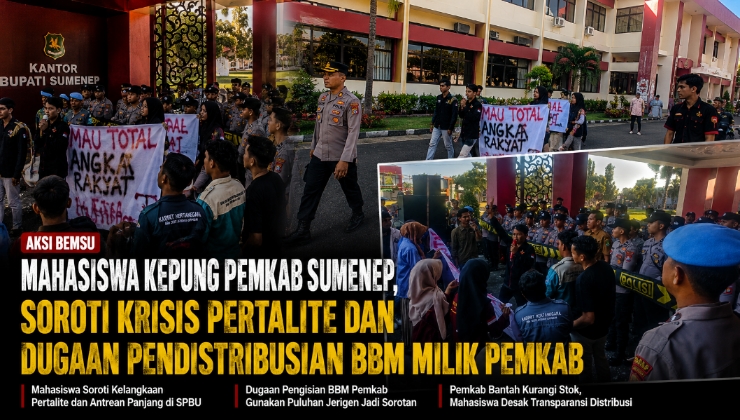 Massa aksi Aliansi BEMSU menggelar demonstrasi di depan Kantor Pemkab Sumenep untuk menyoroti krisis Pertalite dan dugaan pendistribusian BBM milik pemerintah daerah yang tidak sesuai peruntukan.