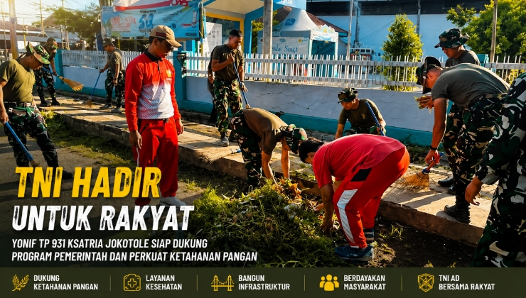 Personel Yonif TP 931 Ksatria Jokotole terlibat dalam kegiatan karya bakti bersama masyarakat sebagai wujud pengabdian TNI kepada rakyat sekaligus mendukung pembangunan di Kabupaten Sumenep.