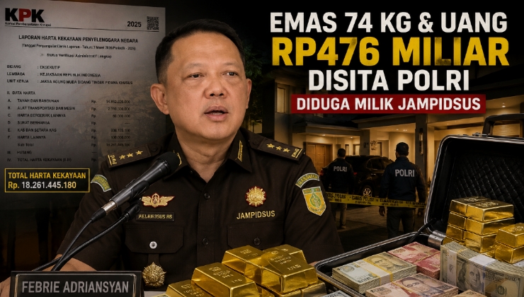 Kolase dokumen LHKPN Febrie Adriansyah dan potret Jampidsus Kejaksaan Agung RI. Penggeledahan yang dilakukan Kortastipidkor Polri di sebuah rumah yang diduga berkaitan dengannya menjadi sorotan publik setelah penyidik mengumumkan penyitaan emas batangan dan uang tunai dengan nilai sekitar Rp476 miliar.