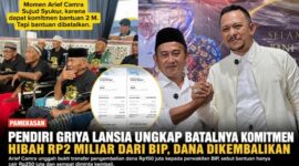 Kolase momen Ketua Yayasan Bani Insan Peduli (BIP), Ali Zainal Abidin, saat menyampaikan komitmen bantuan Rp2 miliar kepada Griya Lansia, serta dokumentasi yang diunggah pendiri Griya Lansia, Arief Camra, terkait polemik batalnya komitmen bantuan tersebut.