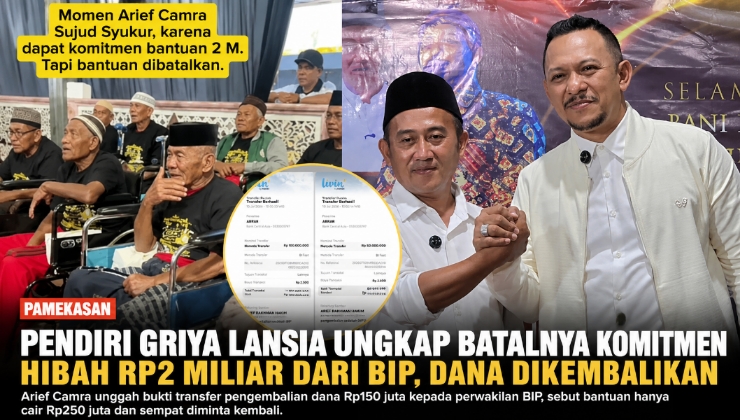 Kolase momen Ketua Yayasan Bani Insan Peduli (BIP), Ali Zainal Abidin, saat menyampaikan komitmen bantuan Rp2 miliar kepada Griya Lansia, serta dokumentasi yang diunggah pendiri Griya Lansia, Arief Camra, terkait polemik batalnya komitmen bantuan tersebut.