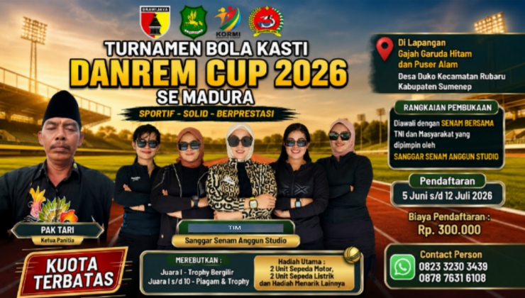 Ketua Panitia Pak Tari (kiri) bersama Tim Sanggar Senam Anggun Studio siap menyukseskan rangkaian pembukaan Turnamen Bola Kasti Danrem Cup 2026 melalui senam bersama TNI dan masyarakat.

